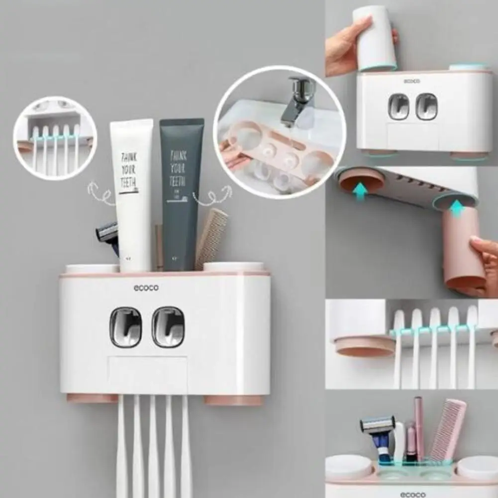 

Yfashion Fully Automatic Suction Cup Style Toothpaste Squeezer Toothbrush Holder Cups Set for Family