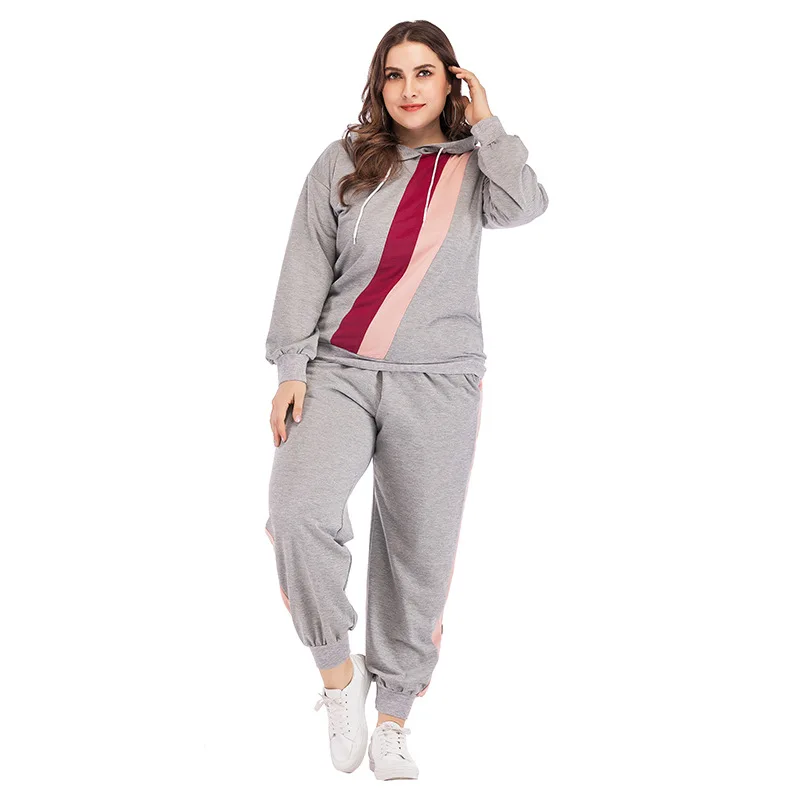 

Plus Size Women Casual Set Cotton With Siamese Cap Long Trousers Sweatshirt Sets Loose Solid Grey Womens Sports Two Piece Sets