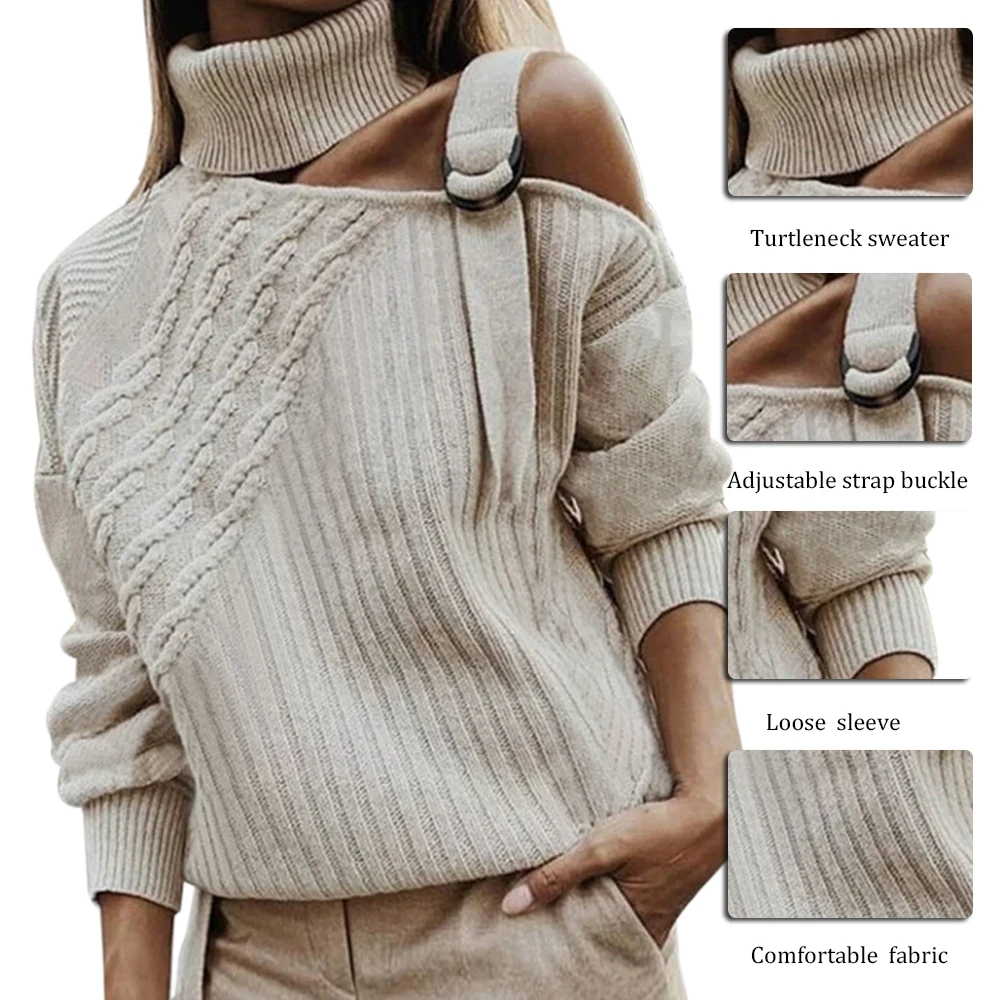 Лоскутные свитера для женщин, сексуальная водолазка с открытыми плечами, теплые осенне-зимние пуловеры с длинным рукавом, вязаный свитер в