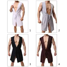 Мужские летние шелковые кимоно для ванной Халат с капюшоном без рукавов открытый передний легкий сплошной цвет пижамы с поясом 40JF