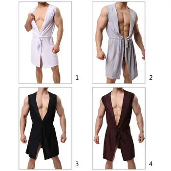 

Mens Summer Ice Silk Kimono Bath Robe Hooded Sleeveless Open Front Lightweight Solid Color Sleepwear Pajamas with Belt 40JF