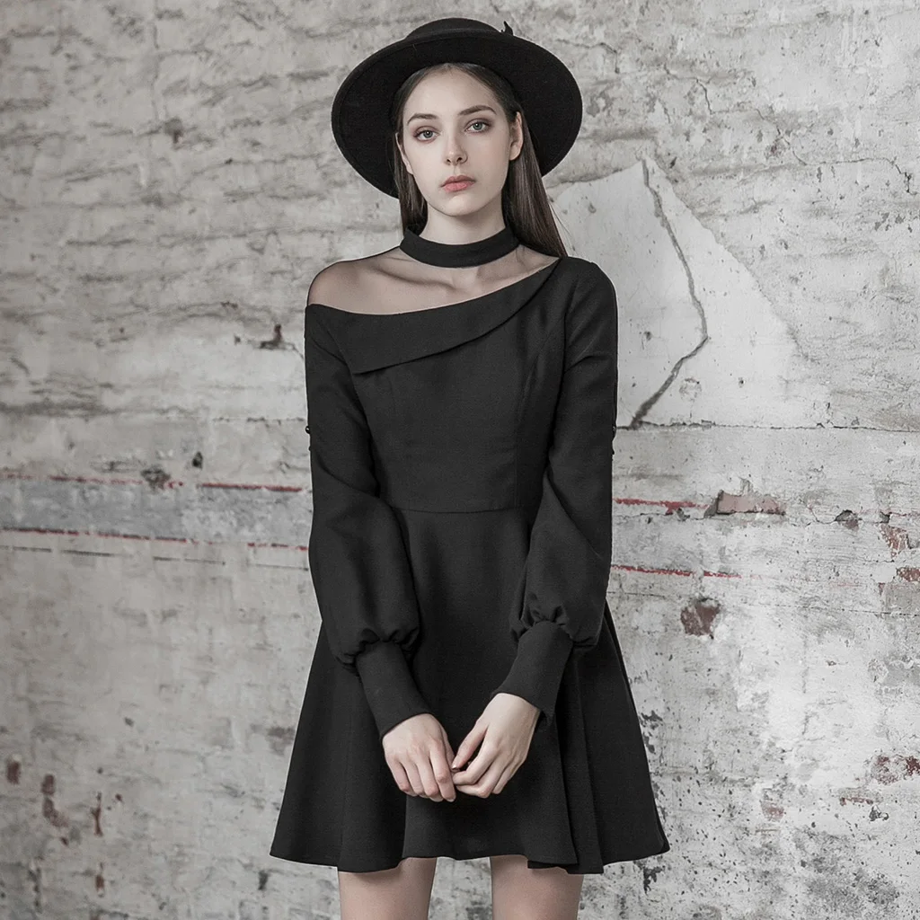 ^Cheap Punk Rave Vrouwen Zwarte College Leuke Jurk Gothic Chiffon Mesh Stiksels Lange Mouw Ademend Sexy Korte Jurk
