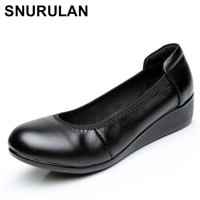 SNURULANSummer Black Wedges 4cm Heel Ballet Flats Women Genuine Leather Shoes Silp-On Flat Work Office Shoes Comfortable Women