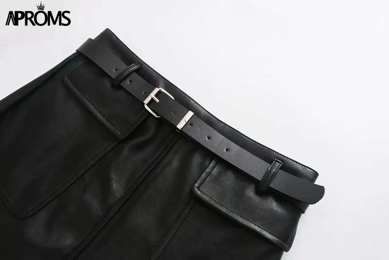 Aproms, Элегантные зеленые шорты трапециевидной формы из искусственной кожи, юбки для женщин, высокая талия, пояс, большие карманы, юбка-корт, офисные женские шикарные плавки