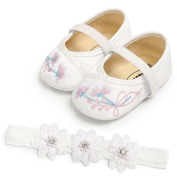

Floral Pattern Baby Girl Shoes Flower Headwear Embroidery Baby Girls Princess Shoes with Lace Headband Baby Shoes