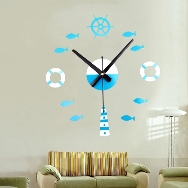 1 шт. модные 3D настенные часы акриловые часы «сделай сам» Средиземноморский стиль башня Руль спасательный круг маленькие рыбные часы, настенные часы