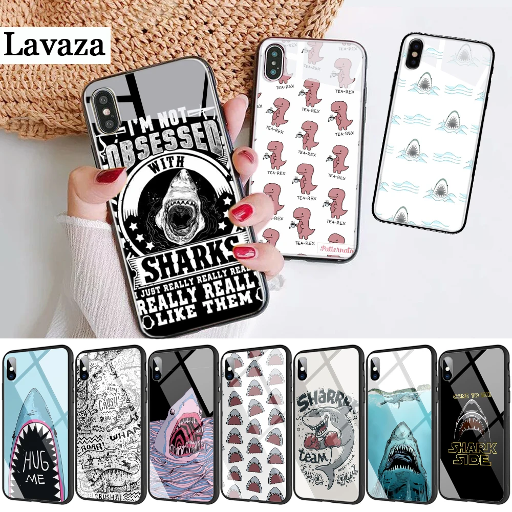 258d Ocean Sharks cartoon pattern Glass Phone Case for Apple iPhone 11 Pro XR X XS Max 6 6S 7 8 Plus 5 5S SE |
