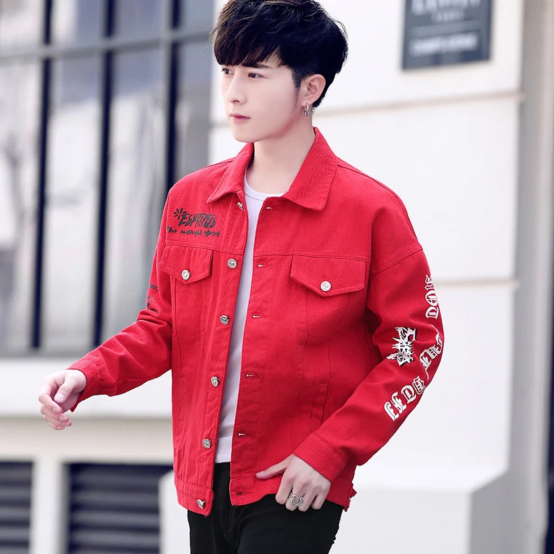 

2020 Autumn Youth Holes Cowboy Embroidery Jacket Loose Thin Coat Male Student Baseball Serve windbreaker hip hop Black Red
