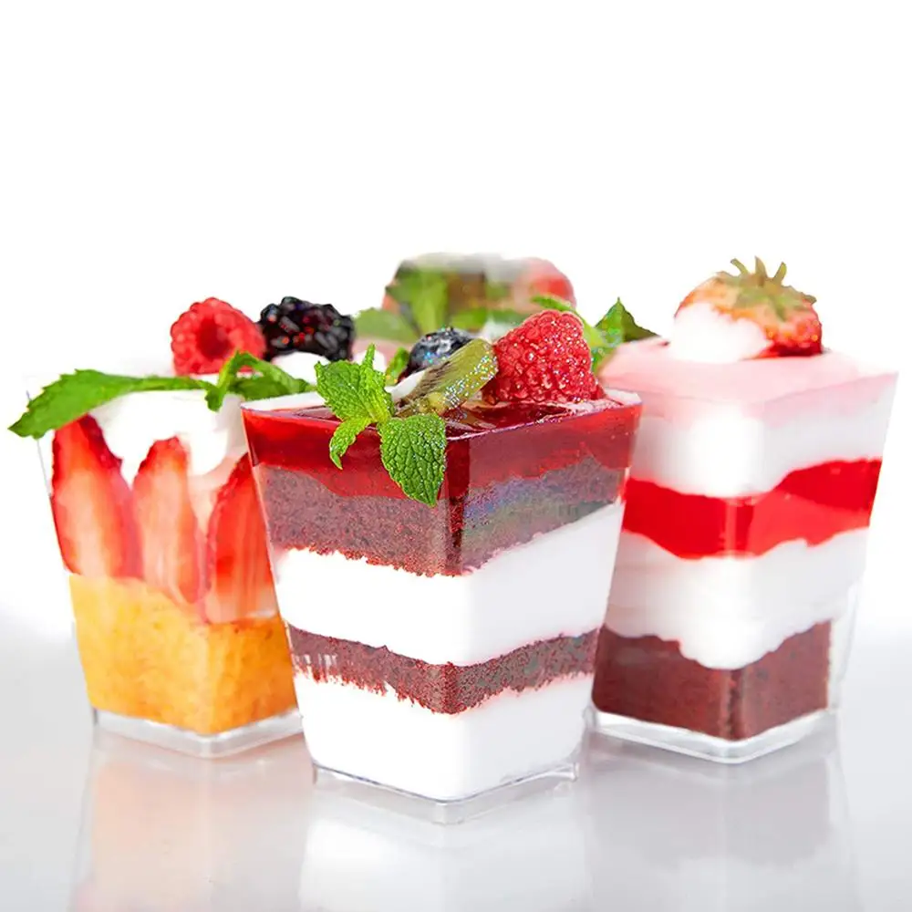 

Disposable Plastic Tableware, 5 x 5 x 4.5cm/60ml Transparent Trapezoidal Food Container Dessert Cup, 50/Pack