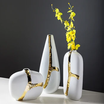 

Home Decor Accessories Golden lines Ceramic Vase Decor Living Room Ornament Dining Table Objects Geometric Porcelain Gifts