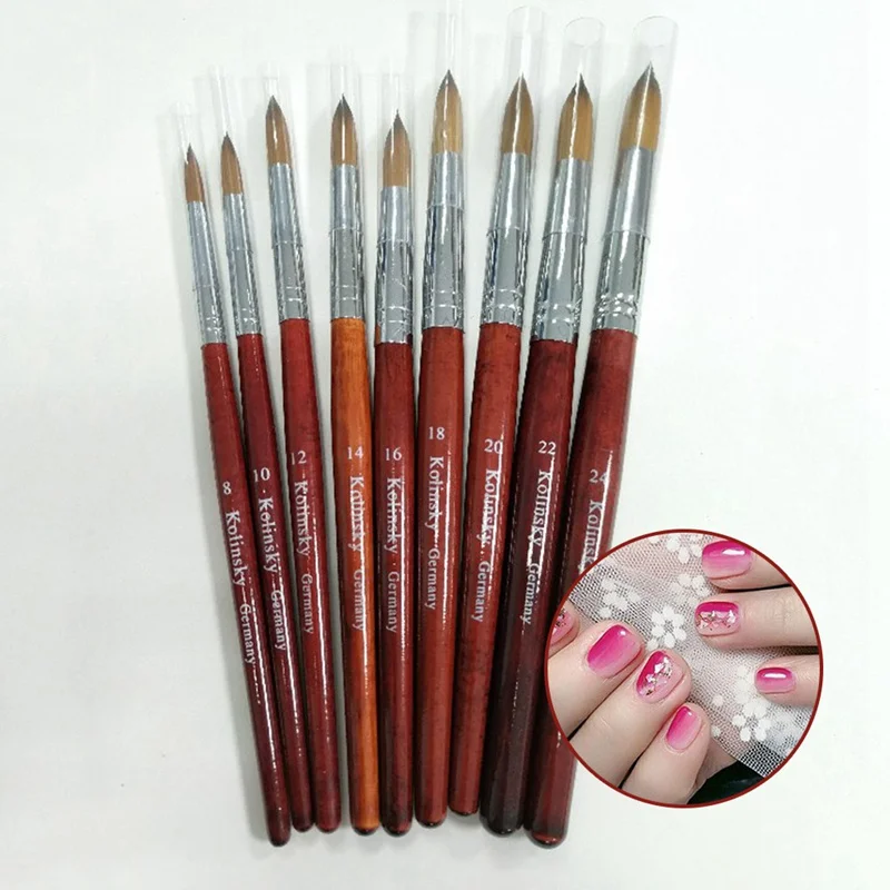 

100% Kolinsky Sable Acrylic Brush Crimped UV Brush Gel Builder Manicure Brush Flat Round Red Wood Nail Brush Hot