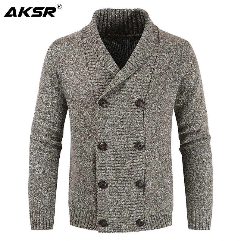 

AKSR Men's Winter Wool Cardigan Sweater Double Breasted Cashmere V Neck Sweater Men Large Size Long Cardigan Men Pull Homme 2019