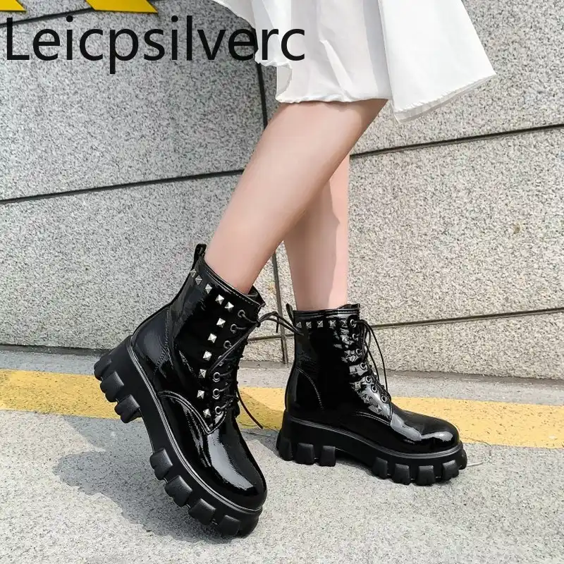 Botas cortas negras de charol de otoño e invierno botas Martin de fondo  grueso botas locomotoras de mujer botas de talla grande 34 46 DE ALTO 6cm| Botas a media pantorrilla| - AliExpress