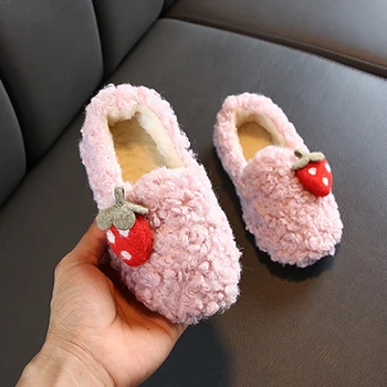 

Casual Cute Cotton Shoes Winter Children Girls Warm Shoes Girls Lamb Wool Plus Velvet Strawberry Solid Color Princess Shoes