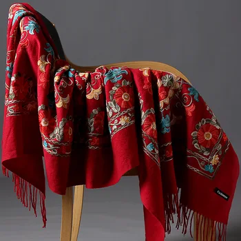 

Plus Size New Winter Warm Solid Scarf For Women/Lady Soft Cashmere Pashmina Shawls Flower Embroidery Cashmere Female Wraps Capes