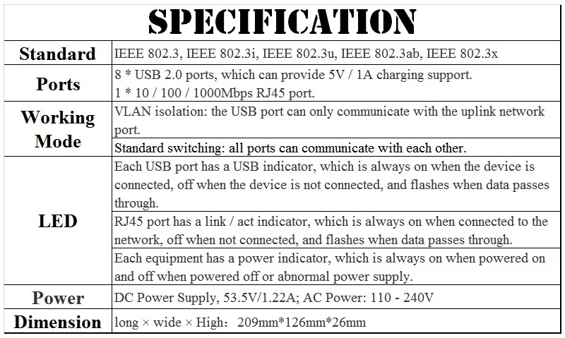 USB 포트 인터넷 액세스, 모바일 스마트폰 유선 네트워킹 연결, 1000M 기가비트 8 USB 포트 유선 네트워킹 스위치