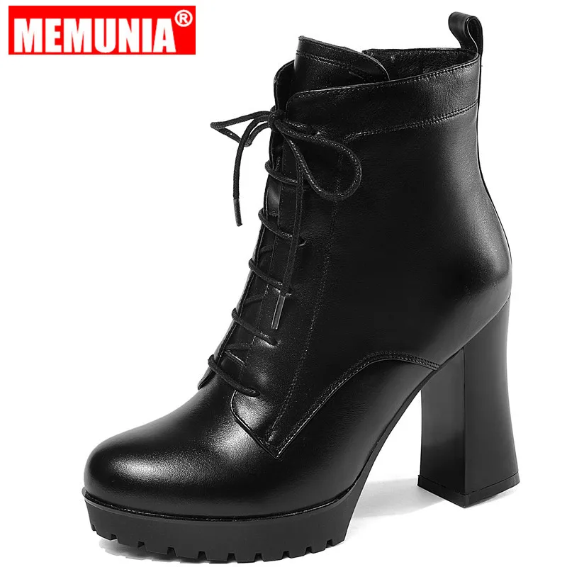 

MEMUNIA 2020 Fashion full cow skin leather platform boots women solid color high heels spring autumn zipper fashion ankle boots