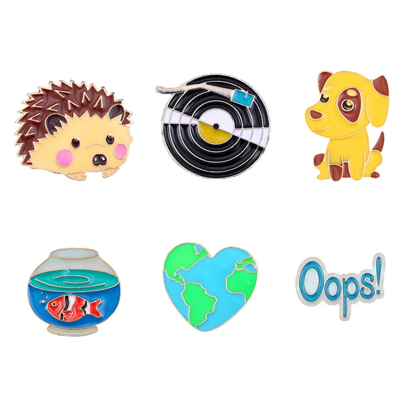 Multi-style 6 Cute Hedgehog/Dog/Record/Goldfish/Icon Design Metal Brooches Pins Hats Clips Enamel Pin Lovely Cartoon Gift | Украшения и