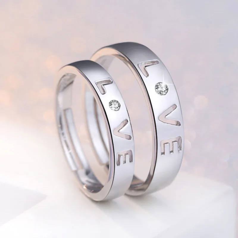 

925 Sterling Silver Simple Fashion Couple Ring LOVE Letters Wedding Ring For Men And Women Opening Adjustable