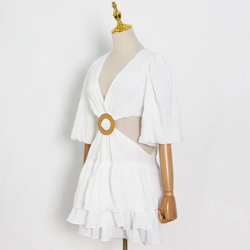 TWOTWINSTYLE White Sexy Dress For Women V Neck Lantern Half Sleeve