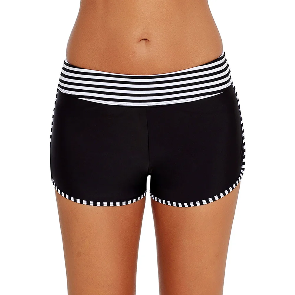 

Women Striped Trim Swim Board Shorts Mid-waist Color Elastic Wide Belt