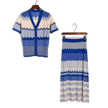 

2piece Set Women Two Piece Set Skirt 2020 Summer Hit Color Waves Striped Hollow Out V Neck Knit Top + High Waist Midi Skirt Suit