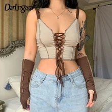 

Darlingaga Streetwear Stripe Patchwork Crop Top Women Lace Up Retro Sexy Tops Camisole Bandage Cropped Tanks With Gloves Summer
