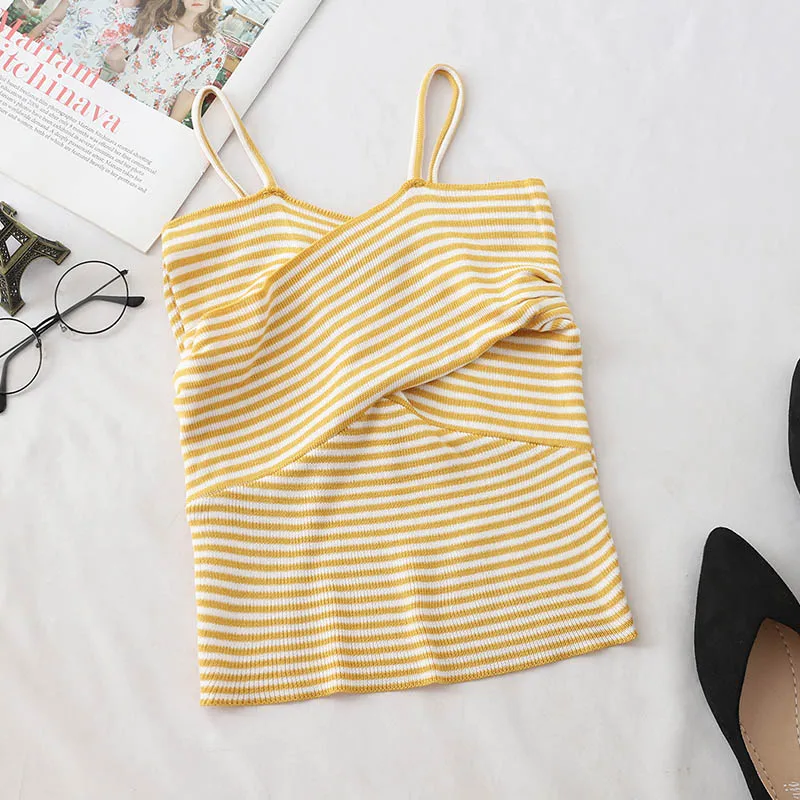YELLOW HELIAR Вязание завязанный грудь полосатый спагетти Camis Лето Женский Короткий Топ жилет Женский Уличная Camis для женщин - Цвет: YELLOW