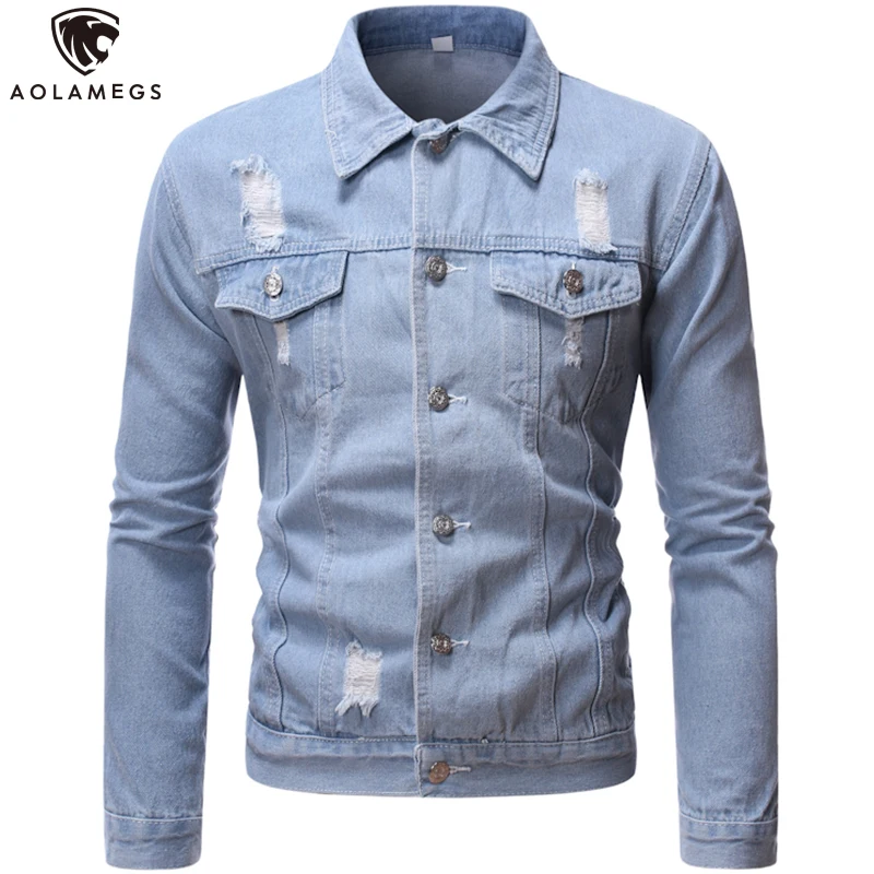 

Aolamegs Men's Denim Jacket Hole Ripped Cowboy Coat Men Simple Classic Style Casual Loose Plus Size Jean Jackets 5XL Streetwear