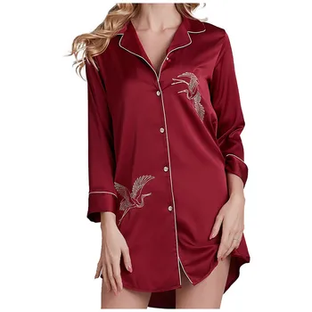 

Faux Silk Sexy Sleepwear Women's Nightdress Crane Embroidery Bathrobe Long Sleeve Button Sleepshirts Femme Nightie Sleep Lounge