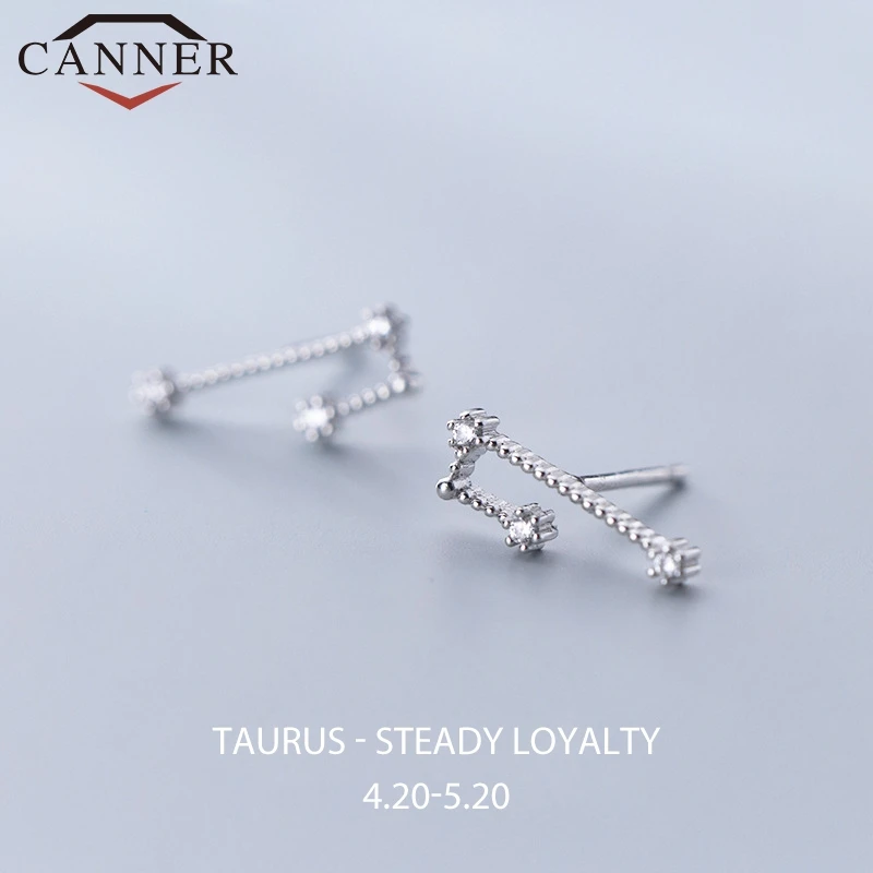 Taurus 12 Созвездие небольшой свежий минималистичный CZ Циркон серьги-гвоздики для женщин 925 пробы серебряные милые серьги-гвоздики подарок на день рождения - Окраска металла: Taurus