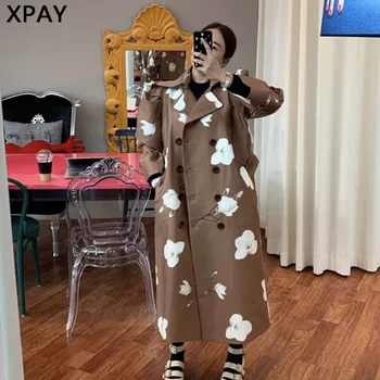 

2020 Spring Autumn Double Breasted Trench Women Elegant Korean Print Vintage Long Windbreaker Large Size Belted Trench Female