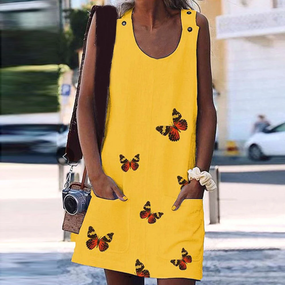 

MoneRffi Women Summer Dress Boho Summer Prints Button Pockets Sleeveless Dress Party Maxi Dresses Casual Beach Sundress Vestidos