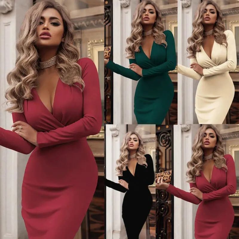 

Sexy Women's Casual Bodycon Dresses Newest Fashion Long Sleeve Party Cocktail Solid Short Mini Dress