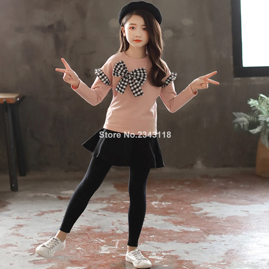 

Girls Clothes Set Bow Shirt+legging 2 Pcs Autumn Suit For Girls Winter Kids Clothes Casual Teenage Girls Clothing 4 6 8 12 Years