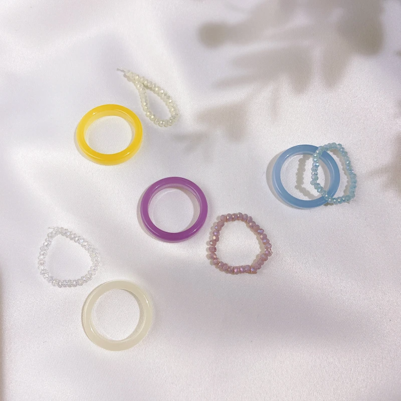 Simple Colorful Transparent Resin Acrylic Rings Set Candy Color Beads Chic Spring Rings for Women Picnic Party Jewelry Gifts