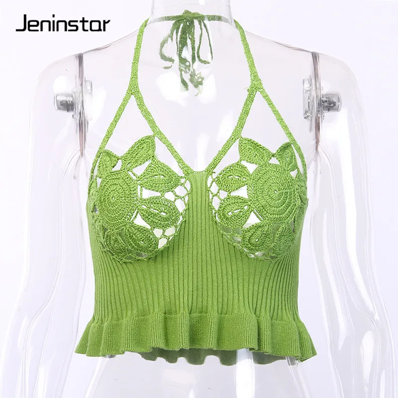 Jeninstar открытая повязка сексуальный женский короткий топ с открытой спиной ребристый летний топ на бретелях женский модный вязаный пляжный вечерние Топ женский