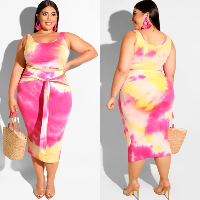 

Laughido Plus Size Tie Dyeing Women Set Crop Top And Belt Bodycon Skirts 2 Piece Sets Suit Sexy Elegant Suit Beach Woman Outfits