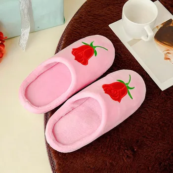 

Women Winter Home Slippers Rose Flower Non-Slip Warm Indoors Shoes Bedroom Floor Plush Slippers Women Faux Fur Slides Slipper