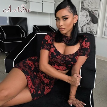 

ArtSu Chinese Stlye Printed 2 Piece Sets Womens Outfits Harajuku Mini Skirt and Crop Top Set Black Summer Streetwear ASSU20306
