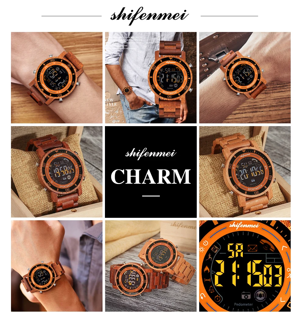 Shifenmei, мужские часы из натурального дерева, мужские s светодиодный цифровой наручные часы, деревянные часы, мужские военные часы, умные часы, мужские часы 5558