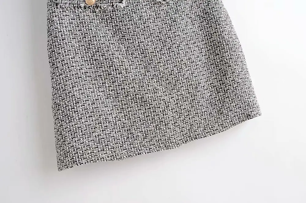 QZ309 осень зима дизайн две кнопки деко рисунок гусиная лапка твидовая юбка мягкая саржа юбка из искусственной кожи