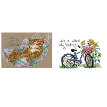 

2 Set Diy Knitting Print Cross Stitch Set - 11Ct Cycling Sunflower Pattern 26 x 21Cm & 14Ct Lion on the Bed 25 x 17Cm