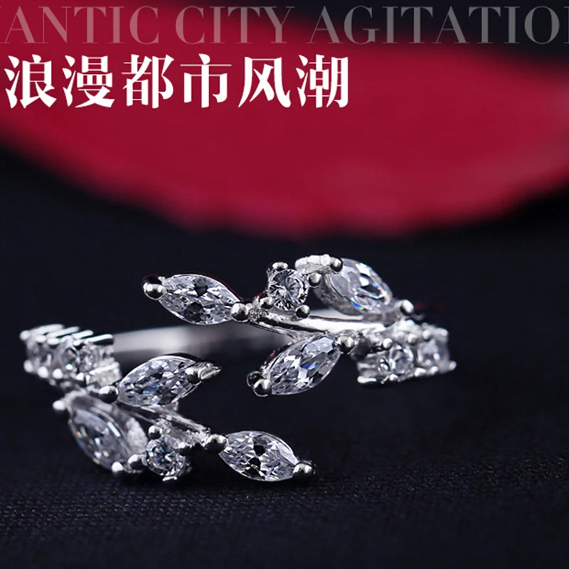 일본 한국어 유행 진짜  수제 올리브 잎 반지 CZ 지르콘 여성 유행 크기 조정 가능한 오프닝 반지 선물