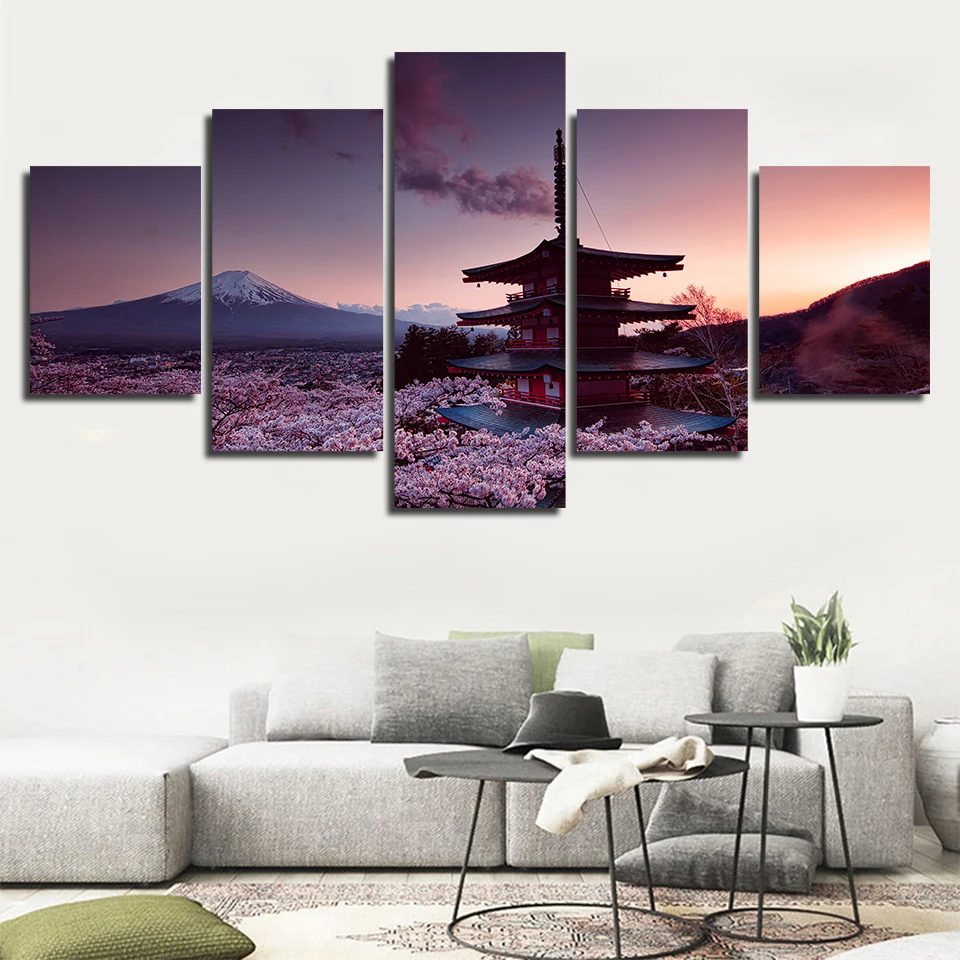 

Wall Art Modular Canvas Painting HD Print 5 Pieces Chureito Pagoda And Mount Fuji Poster Picture Decor Living Room Artwork Frame