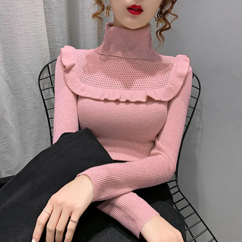 Ladies Korean Turtleneck Sweater Fashion Auricular-Side Slim Knit Multi-Color Autumn And Winter Bottom Unlined New Style pink sweater Sweaters