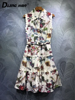 

DLINGHAN Fashion Print Tank Dress Sexy ollow Out Embroidery Turn-down Collar Vacation Dresses Spring Summer Women's New