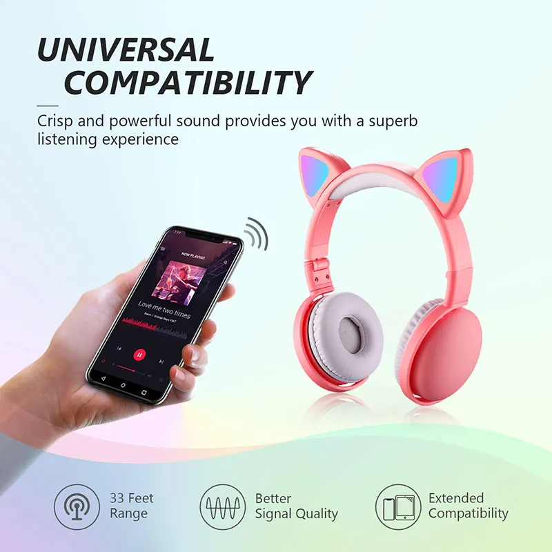 Bluetooth Wireless Headphones 5.0 Led Light Cat Ear Headset Noise Cancelling Stereo Music Headset With Microphone Girl Kid Gifts