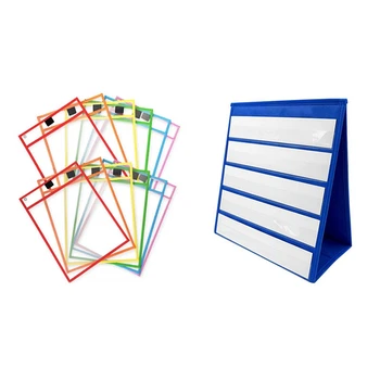 

12 Pcs Dry Erase Pocket Sleeves with Marker Holder & 1 Set Desktop Pocket Chart Table Top with Bonus Dry Erase Cards