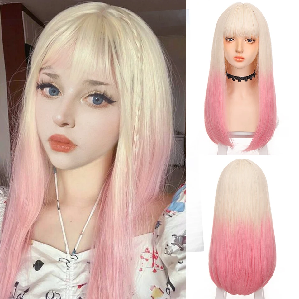 HOUYAN Long straight hair wig synthetic cosplay bangs pink plus white gradient black blue ladies | Шиньоны и парики